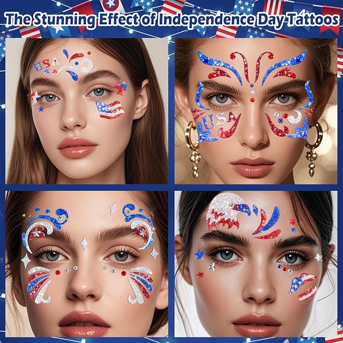 Yosca 6Pcs Independence Day Temporary Tattoos, Red White Blue Patriotic Glitter Face Stickers, Self Adhesive Star Face Art Sticker for 4th of July Memorial Day Veterans Day USA Flag Party