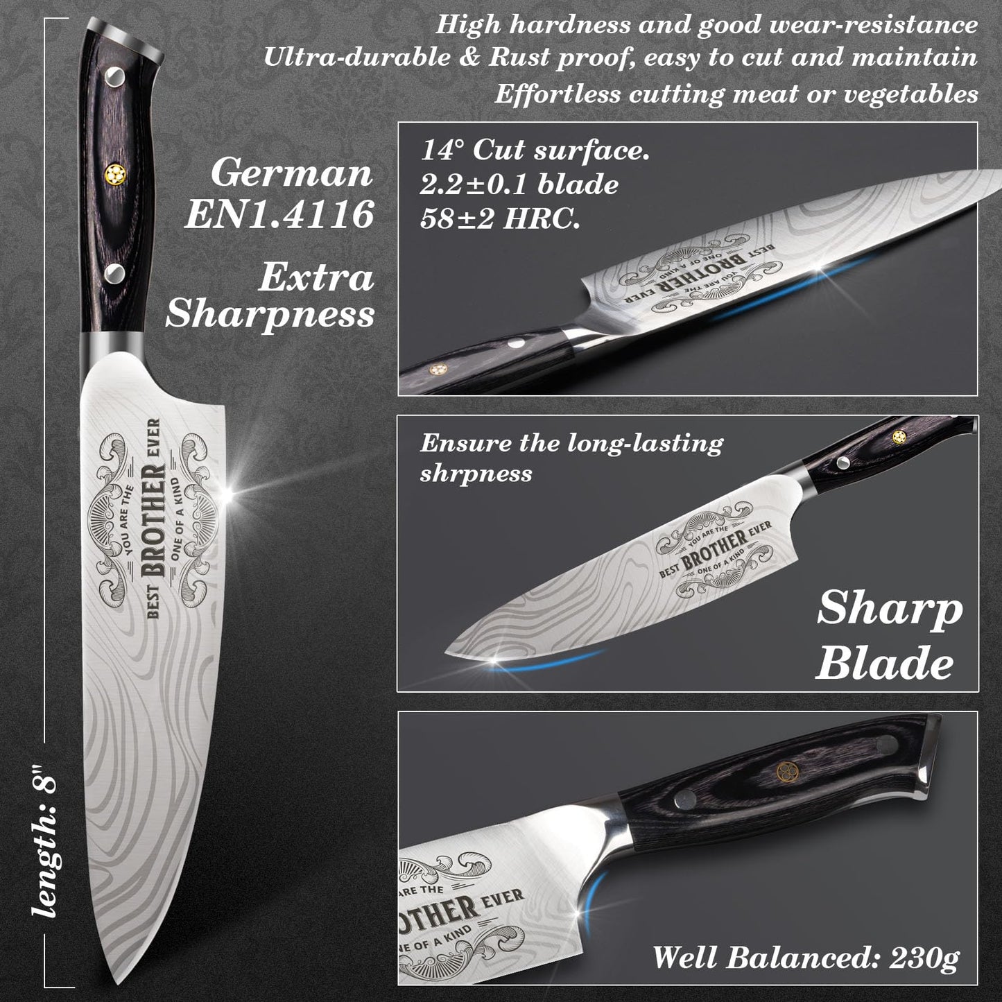 Funistree Gifts for Brother Men Christmas, Kitchen Cooking Knife Brother Gifts for Birthday, 8 inch Professional German High Carbon Stainless Steel Chef Knife, Brother Gifts Xmas Stocking Stuffers