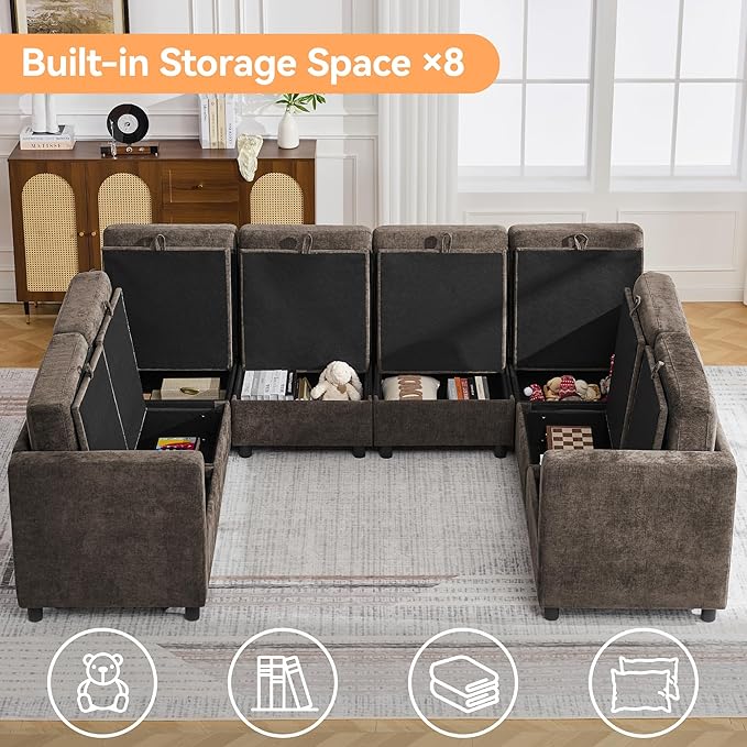 104'' U Shaped Modular Sofa, Sectional Couches with Storage for Living Room, Oversized 8 Seater Cloud Sectional Couch, Chenille Brown