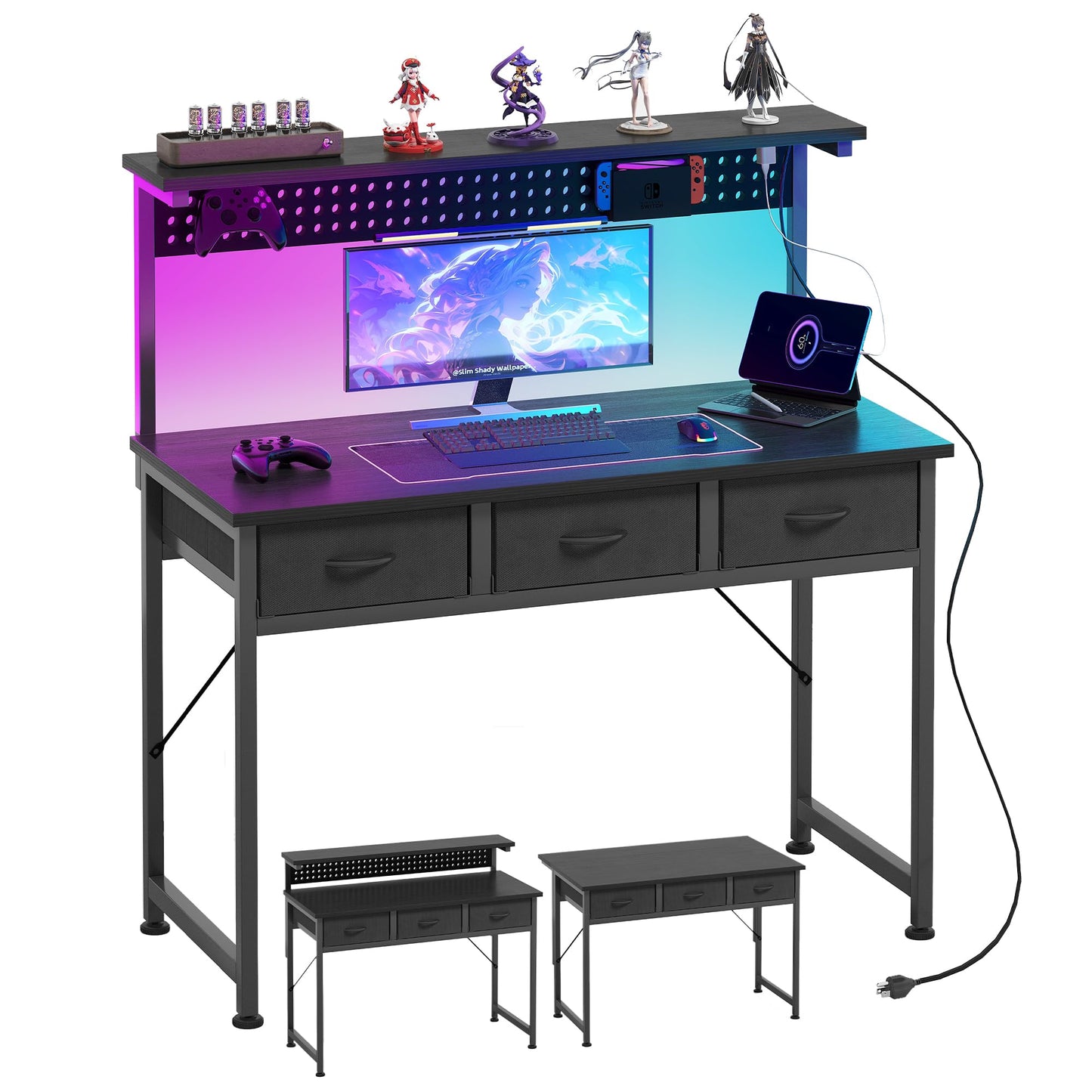 MUTUN Computer Desk with Drawers, 40 Inch Computer Desk with Power Outlet & LED Light, Gaming Desk with Adjustable Monitor Stand & Pegboard, Modern PC Study Writing Table for Bedroom, Black