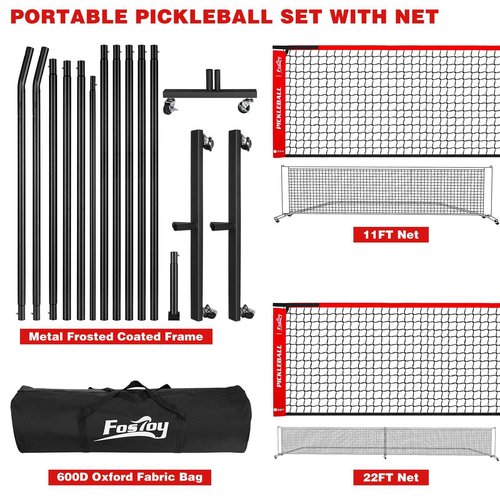 Fostoy Portable Pickleball Net with Wheels, Regulation Size 22 FT & Half Court 11 FT, Steady Metal Frame for Backyards, Driveways, and Garages (Black&Red)