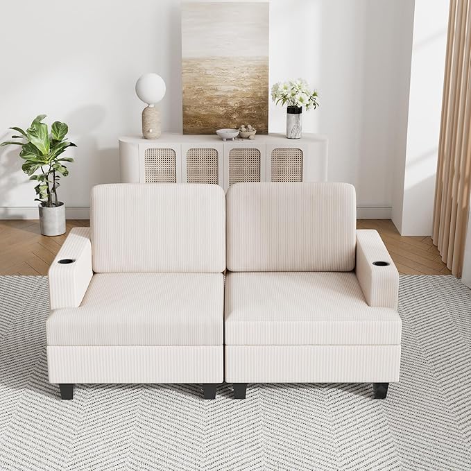 63" Modular Sectional Sleeper Sofa, Soft Durable Corduroy Loveseat with Armrest, 2 Cup Holders & 2 USB Ports, 21" Deep Seat Cloud Couch for Small Spaces Living Room Bedroom Office (White, 2 Seat)