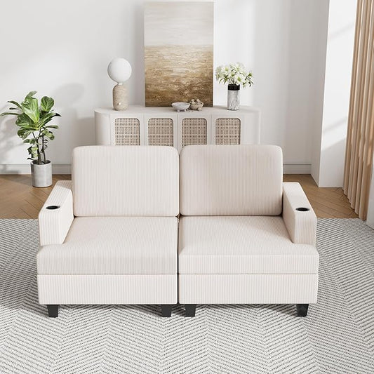63" Modular Sectional Sleeper Sofa, Soft Durable Corduroy Loveseat with Armrest, 2 Cup Holders & 2 USB Ports, 21" Deep Seat Cloud Couch for Small Spaces Living Room Bedroom Office (White, 2 Seat)