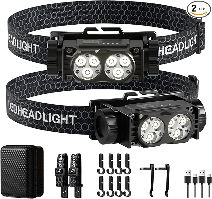 Headlamp Rechargeable 2PCS,4500L Super Bright Light Bright LED Rechargeable Headlight with White Light, Waterproof Head La...