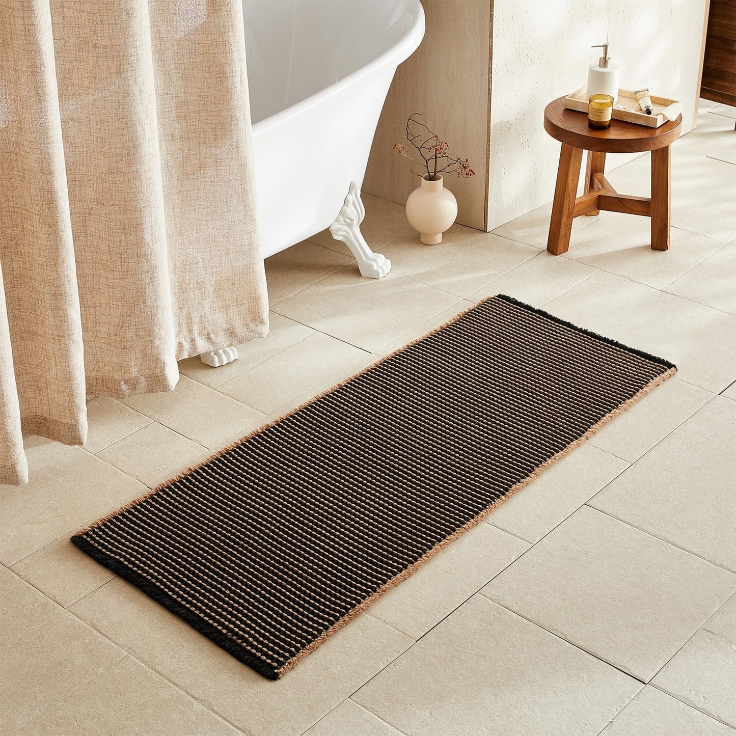 Waffle Runner Rug Bathroom, Long Boho Bathroom Rugs Non Slip Washable Super Absorbent Quick Dry Farmhouse Bath Decor, 60"x24" Khaki and Black