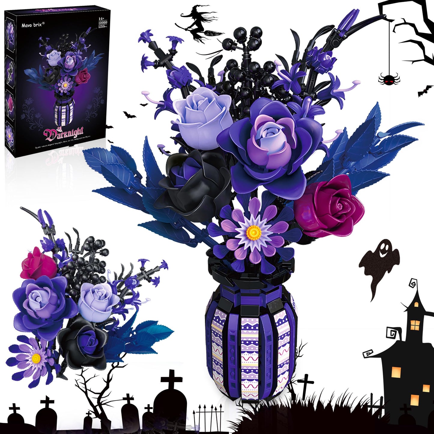 Halloween Flowers Building Set with Vase for Adults, Purple Roses Compatible with Lego Flowers Botanical Collection, 14+