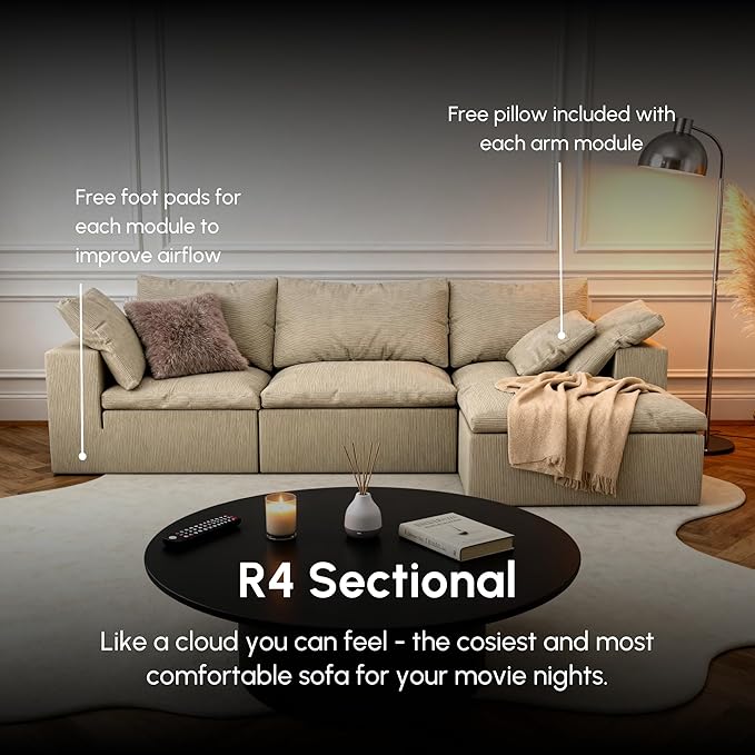 ROVE LAB R4 Sofa Sectional – Cloud-Soft SmartFoam® Comfort – Fully Modular, No-Tool Setup – 100% Foam Structure – Hypoallergenic, Spill-Resistant, Pet Friendly (Performance Weave, Silicon Sand)
