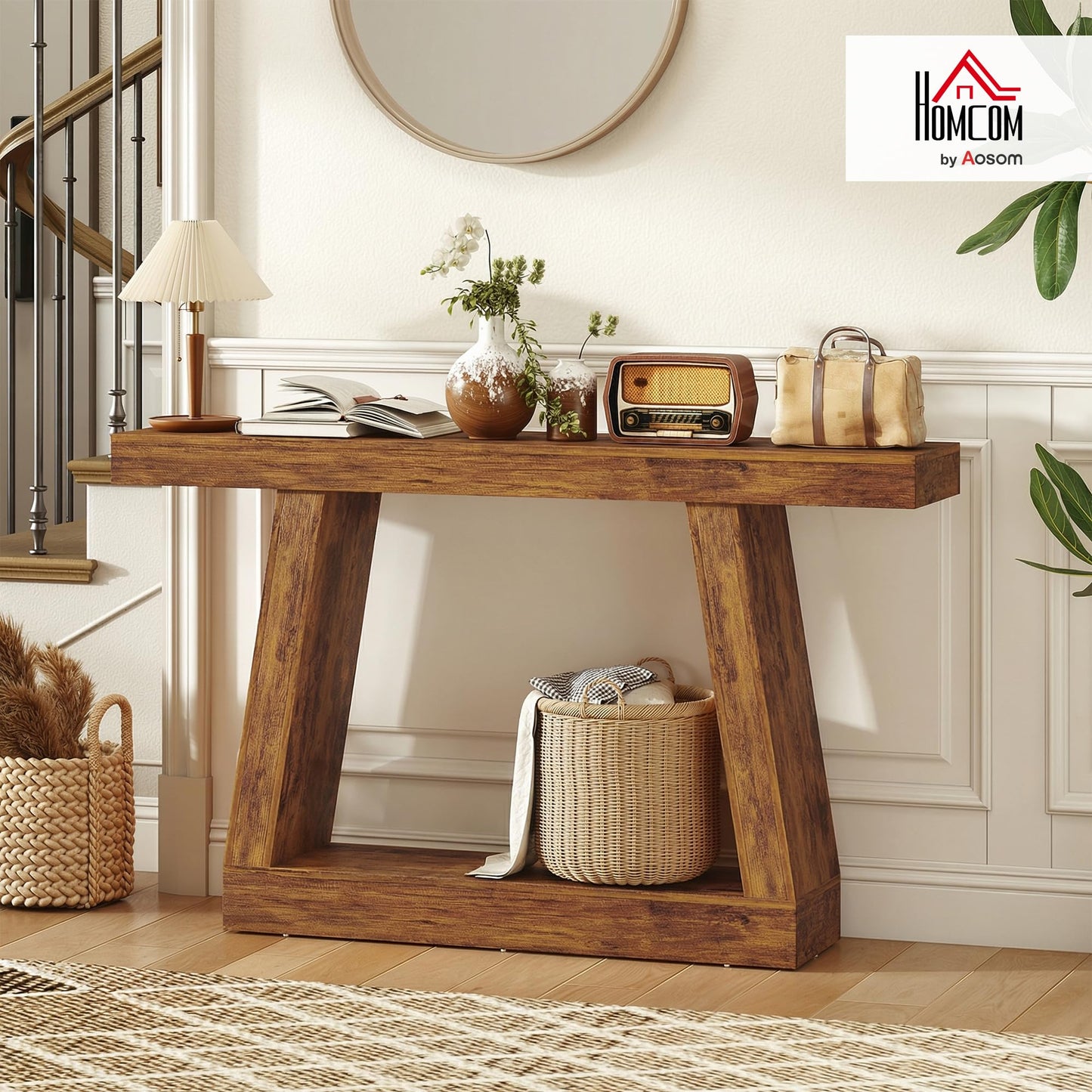 HOMCOM 55.1" Entryway Table, 2-Tier Farmhouse Console Table with Thickened Tabletop, Storage Shelf and Trapezoidal Base for Entryway, Behind Couch Sofa, Living Room, Hallway, Entrance, Rustic Brown