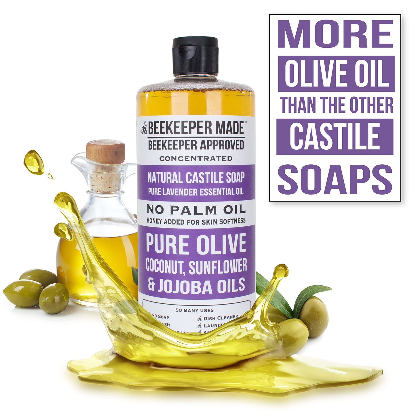 Beekeeper Made Natural Castile Soap, 32 fl oz | No Palm Oil, 8 Ingredients, Pure Olive, Coconut, & Sunflower Oils, GMO Free, For