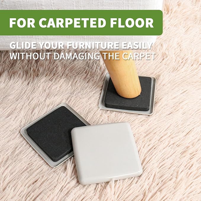 COVERCORNER Furniture Sliders for Carpet 16 PCS - 3 1/2 inch Furniture Moving Slider Chair Legs Floors Protectors Square Furniture Movers Sliders – Move Your Furniture Easy & Safely(for Carpet)