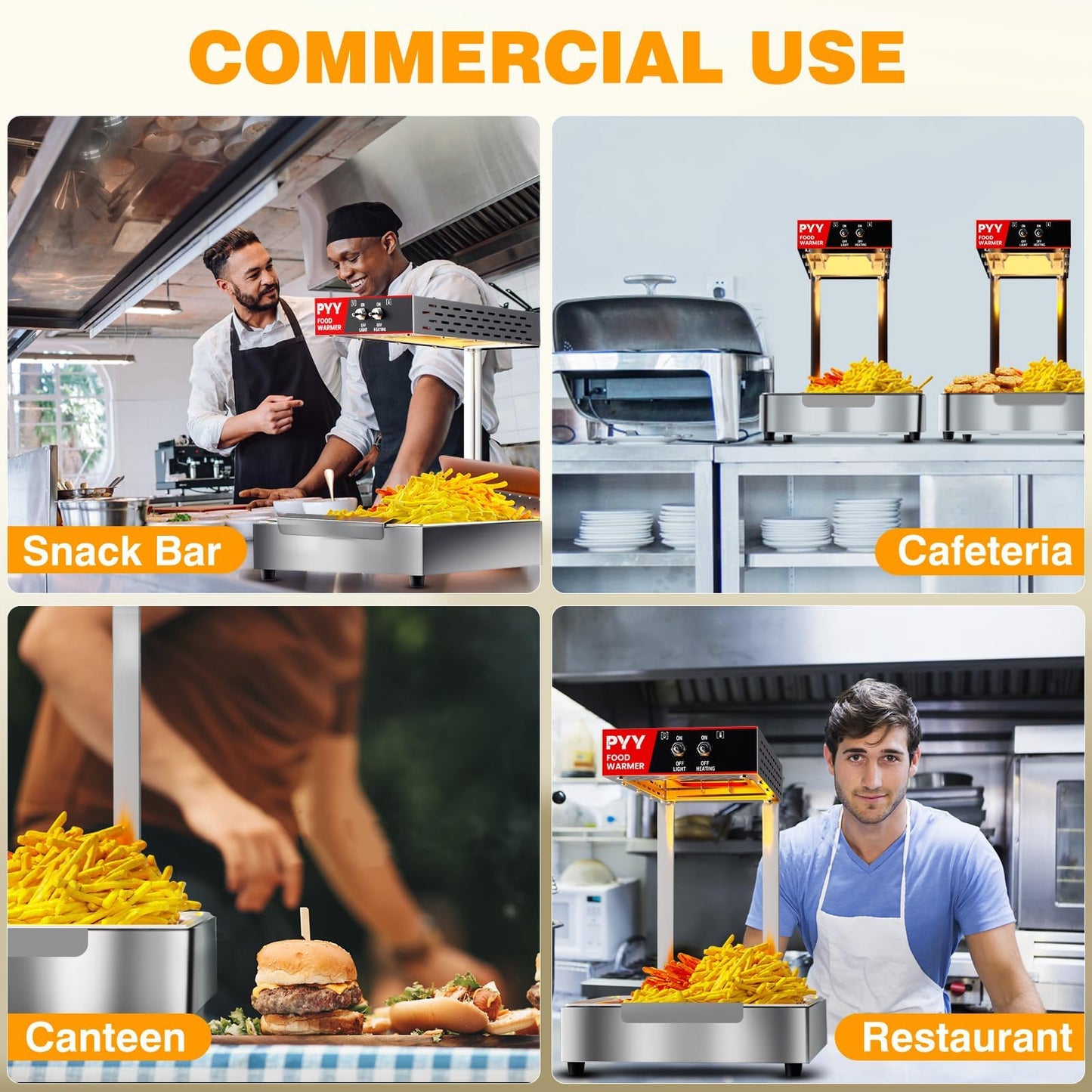 PYY Commercial French Fry Warmer - Food-Grade 304 Stainless Steel Countertop Free-Standing Heat Lamp, 450W with Removable Drip Pan, One-Button Operation for Chips Churros Fried Foods, Silver