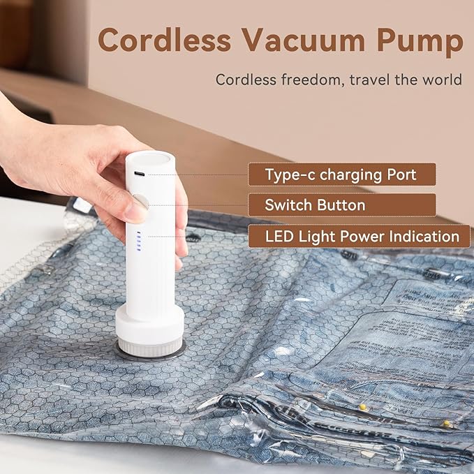 Vacuum Seal Bags for Clothing Travel,9 Pack Vacuum Bags with Cordless Electric Pump，Space saving vacuum bags for travel and clothing storage