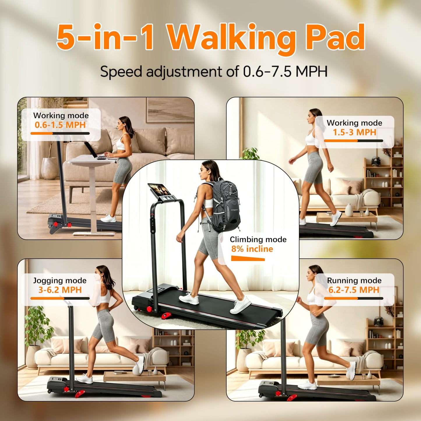 Joxir Walking Pad Treadmill with Incline & Handle Bar, Portable 7.5MPH Under Desk Treadmill for Home Office, 360 Lbs Capacity with LED Display & Remote Control