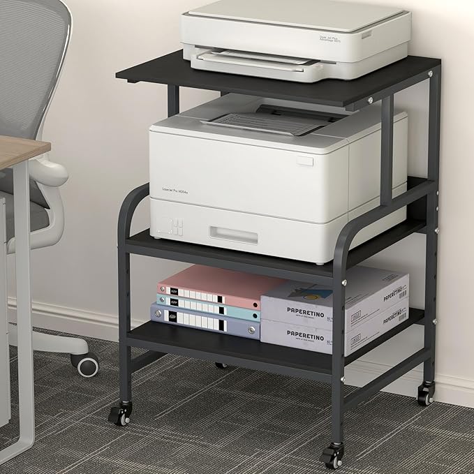 STEELIST Black Printer Stand, Large Printer Table with Wheels, 32.48 X 22.05 X 18.9 Home Office Rolling Stand with Adjustable Shelf, Heavy Duty Printer Cart for Scanner, Fax, Black Ebony