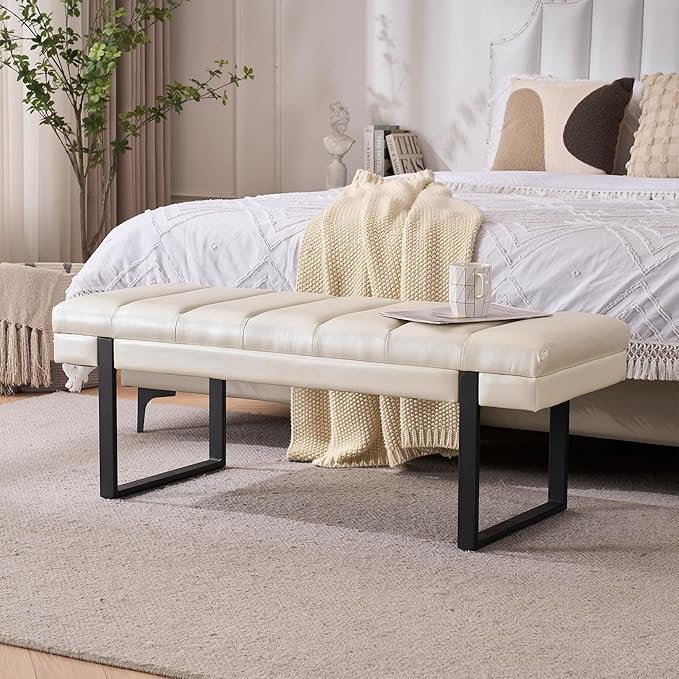 AIITTCC Faux Leather Ottoman Bench, Tufted Padded End of Bed Bench with Metal Legs, Upholstered Shoe Bench for Bedroom Living Room Entryway Window (Beige White, 46" Wide)