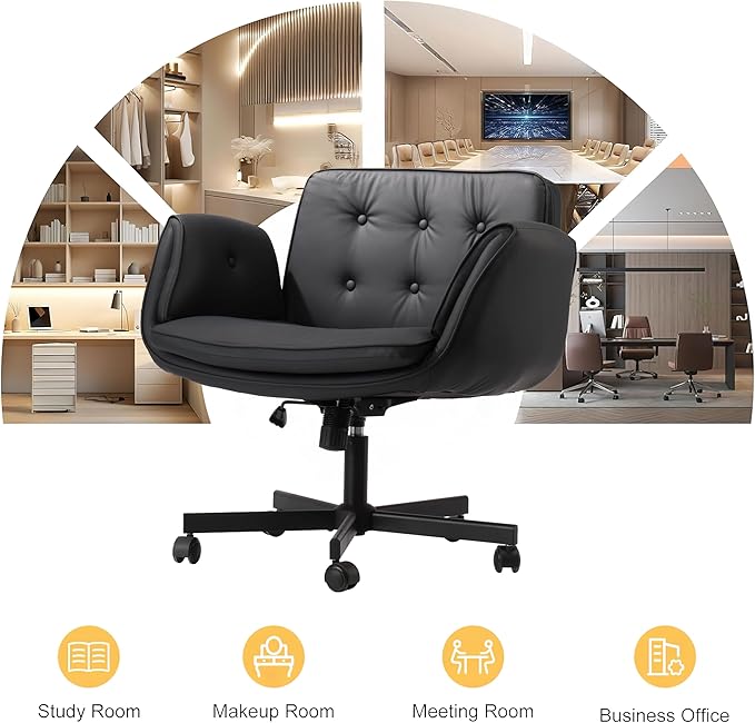 SunSettler Criss Cross Chair with Armrests & Wheels, Comfortable Adjustable Swivel Office Desk Chairs, PU Leather Vanity Chair for Make Up, Home, Bed Room, Gaming, Meditation (Black)