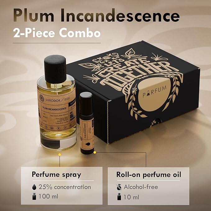 Plum Incandescence Perfume for Women, Inspired by T.F Lost Cherry, 2-Piece Combo of 100 ml Fragrance Spray Bottle and 10 ml Alcohol-Free Roll-On Perfume Oil, Vegan, Paraben-Free