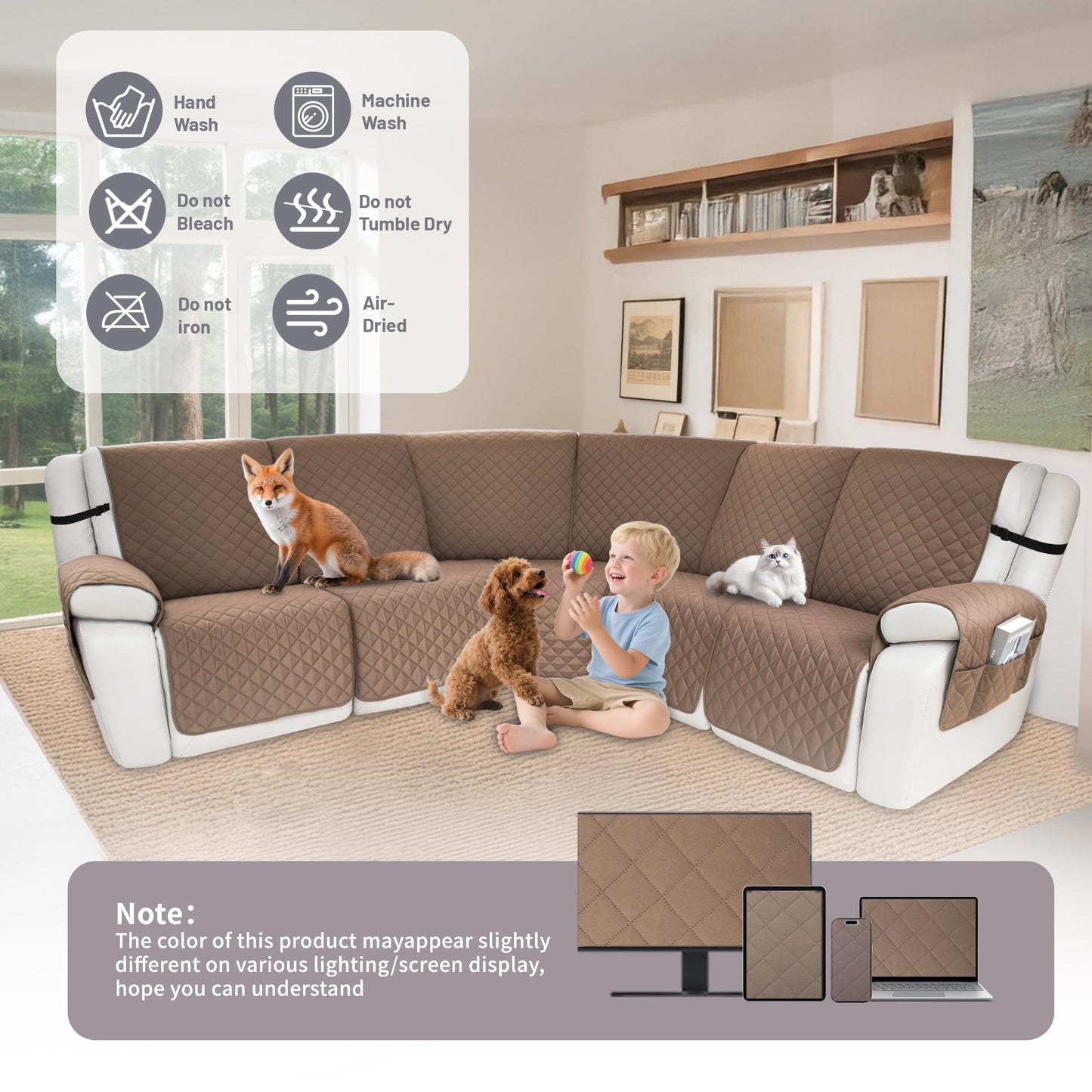 ROFASVCO Waterproof Sectional Reclining Couch Covers L Shaped Recliner Sectional Sofa Cover 7 Piece Non Slip Washable Corner Recliner Slipcover Set for Pet Dog (5 Seater Cover, Light Coffee)