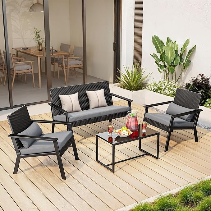 Ahomly 4-Piece Outdoor Wicker Patio Furniture Set with Deep Seating Cushions and Table for Balcony, Backyard, and Porch (Gray)