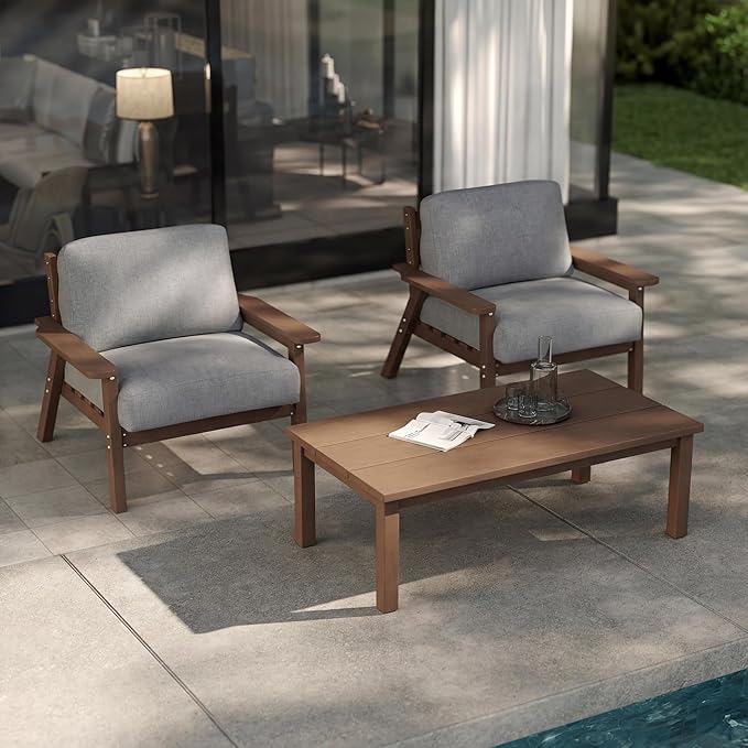 Patio Kingdom Patio Furniture Set with Washable Thick Gray Cushions, HDPE Outdoor Couch, All-Weather Outdoor Sectional Furniture, Patio Conversation Sets for Lawn, Garden, Porch (Brown Frame)