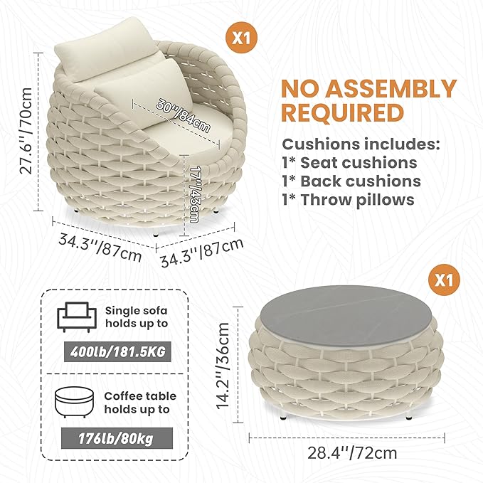 Erotr Woven Rope Patio Chair and Table Set: 2 Pieces Aluminum Front Porch Furniture Set - Assembled Outdoor Deck Lounge Armchair Set Cushioned - for 400 lbs Balcony Pool Yard Garden Hotel Lanai, Beige