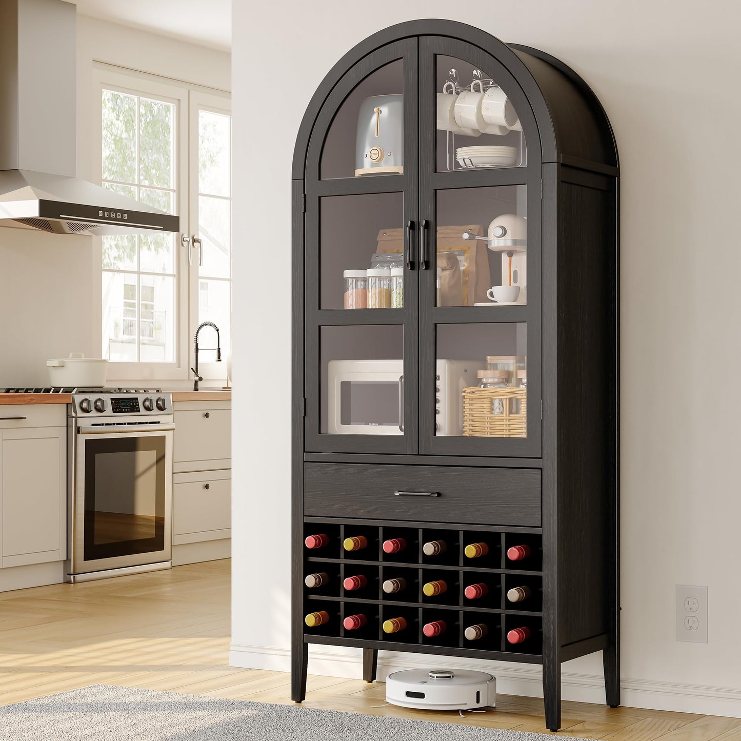 ONBRILL 71" Tall Arched Wine Bar Cabinet with Storage, Bar Cabinets with Doors and Shelves, Liquor Cabinet for Home, Kitchen Pantry for Dining Living Room (Black)