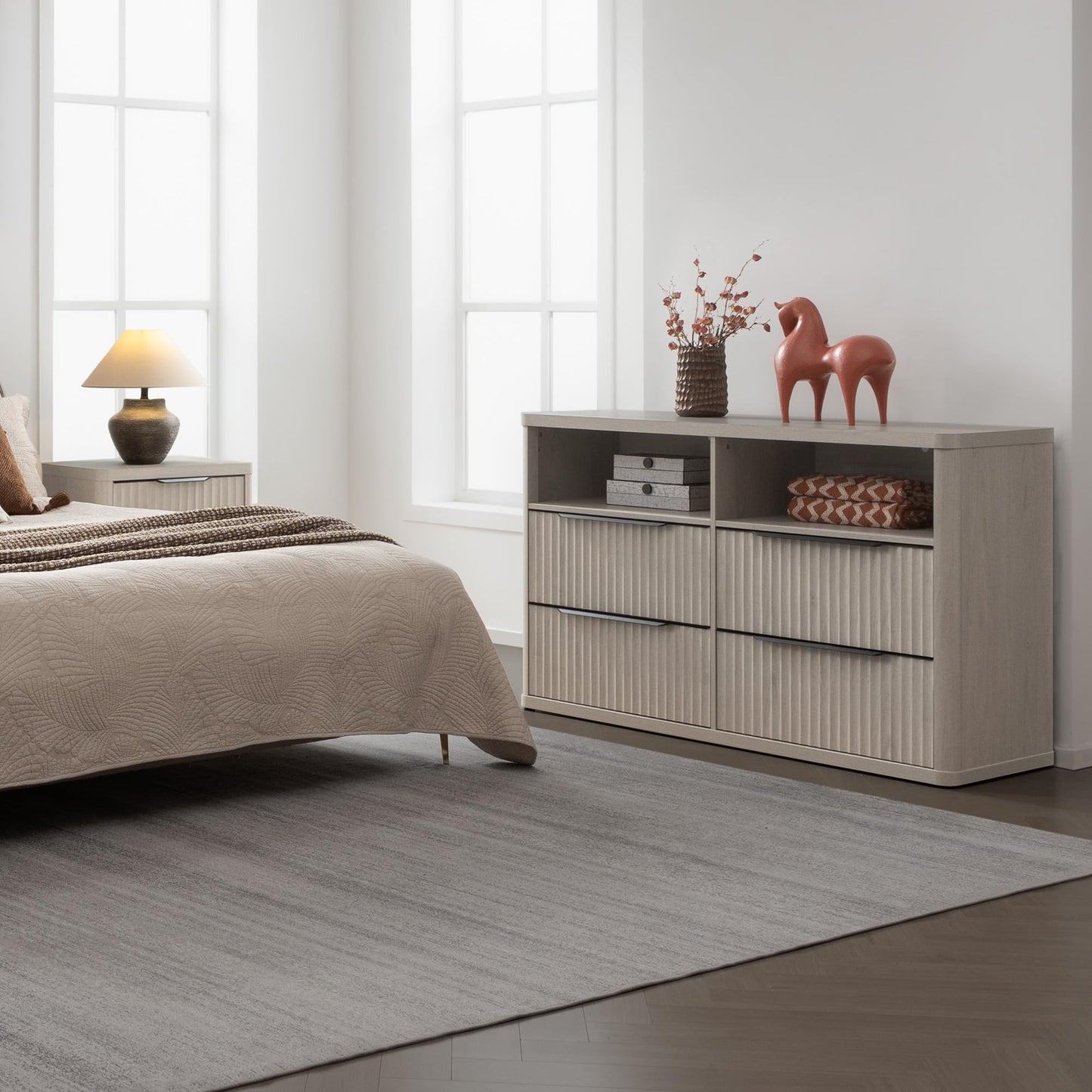 SICOTAS Dresser for Bedroom - Dressers & Chests of Drawers with 4 Drawers Large Modern Dresser for Closet with Open Shelf Fluted Wide TV Stand Clothes Closet Storage for Bedroom Hallway Entryway