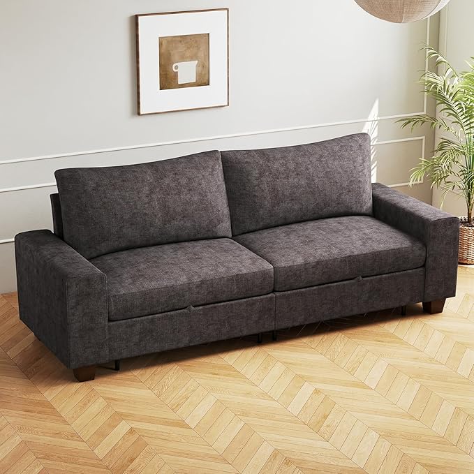 Couchus 88" Upholstered Sofa Couch with Seats Storage, Chenille Fabric Couch for Living Room, Office, Apart W/Deep Seat, Wide Arms, Side Pockets,Removable Cover (Dark Grey)