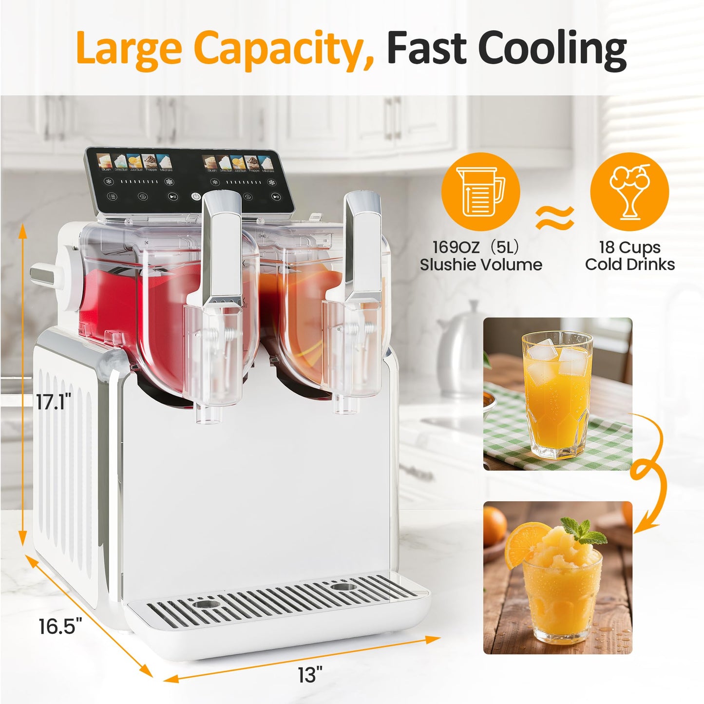 Dual-Tank Slush Machine for Home: 169oz Frozen Drink Maker with Rapid Chill Technology, Self-Cleaning System & 5 Drink Modes, Keeps Drinks Frozen up to 12 Hours, ETL Certified, White