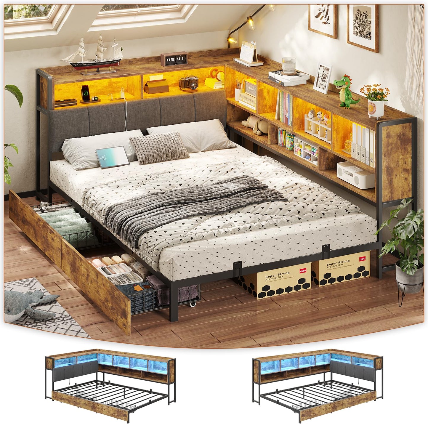 busyaeh Corner Bed with Storage Bookcase and LED Light,Corner Bed Frame with 2 Underneath Storage Drawers & Charging Station and Mattress Slide Stopper,Twin Bed Frames for Bedroom,Rustic Brown