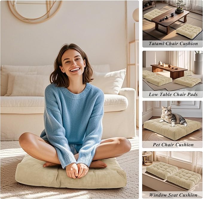 FlyGulls Meditation Floor Pillow 22×22 Inch 1 Pack Large Floor Cushions for Adults Square Tufted Corduroy Floor Pillows for Yoga Living Tatami Room Beige