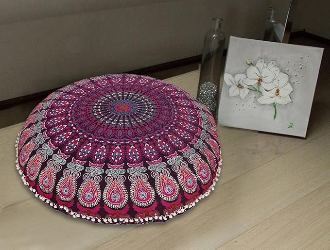 Shubhlaxmifashion Large 32" Round Pillow Cover, Decorative Mandala Pillow Sham, Indian Bohemian Ottoman Poufs, Pom Pom Pillow Cases, Outdoor Cushion Cover,