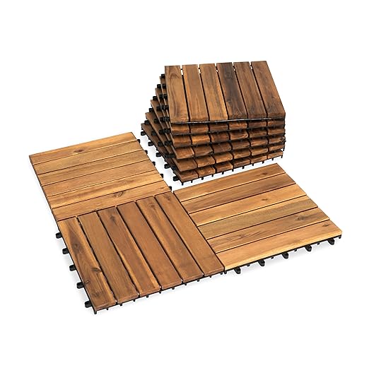 VICTORY RELAX Acacia Wood Decking Tiles 9PCS - Easy Snap Interlocking Deck Tiles for Patio Poolside Balcony Decor - All Weather Waterproof Flooring for Indoor & Outdoor (Round Joints)
