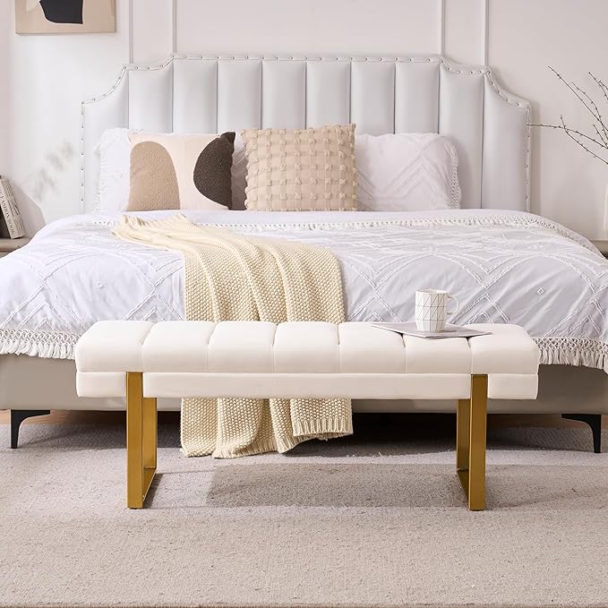 AIITTCC Velvet Ottoman Bedroom Bench, 46.5" Tufted Padded End of Bed Bench with Gold Legs, Upholstered Shoe Bench for Living Room Entryway Window (Ivory White, 46" Wide)