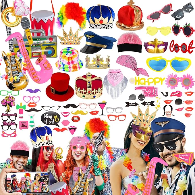 Bulk Opulent Photo Booth Props Set for Adult, Novelty Funny Hats and Glasses, Colorful Wig, Inflatable, Phtot Booth Props ...
