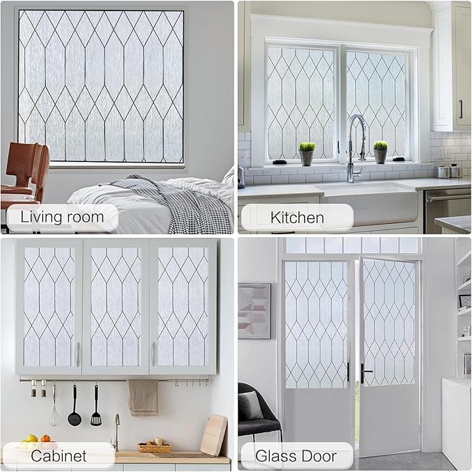 Windimiley Window Privacy Film Stained Glass Static Clings, Bathroom Frosted Leaded Decorative Window Stickers, UV Heat Blocking Opaque Removable for Home Door Coverings (23.6 x 394in,Rain)