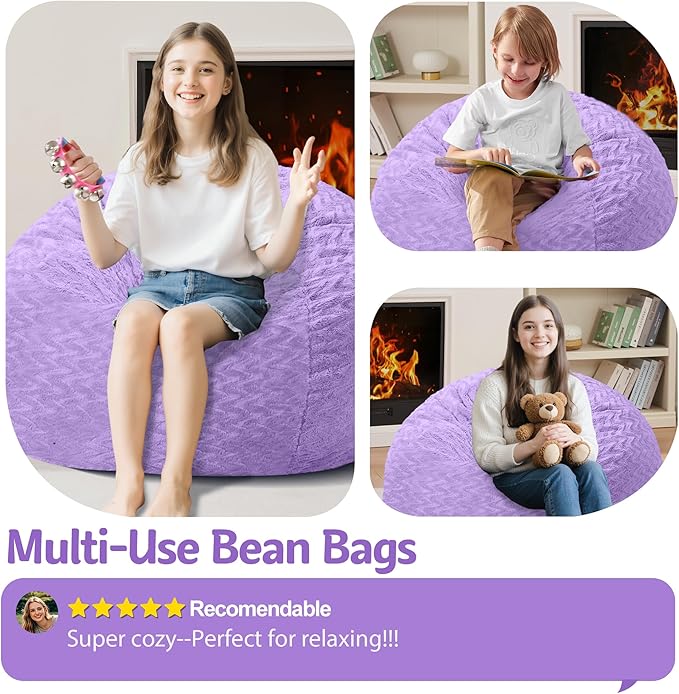2FT Bean Bag Chair,Giant Bean Bag Chairs for Adults,Big Bean Bags with Memory Foam Filled, Large Beanbag Chairs with Chevron Plush Cover-Purple