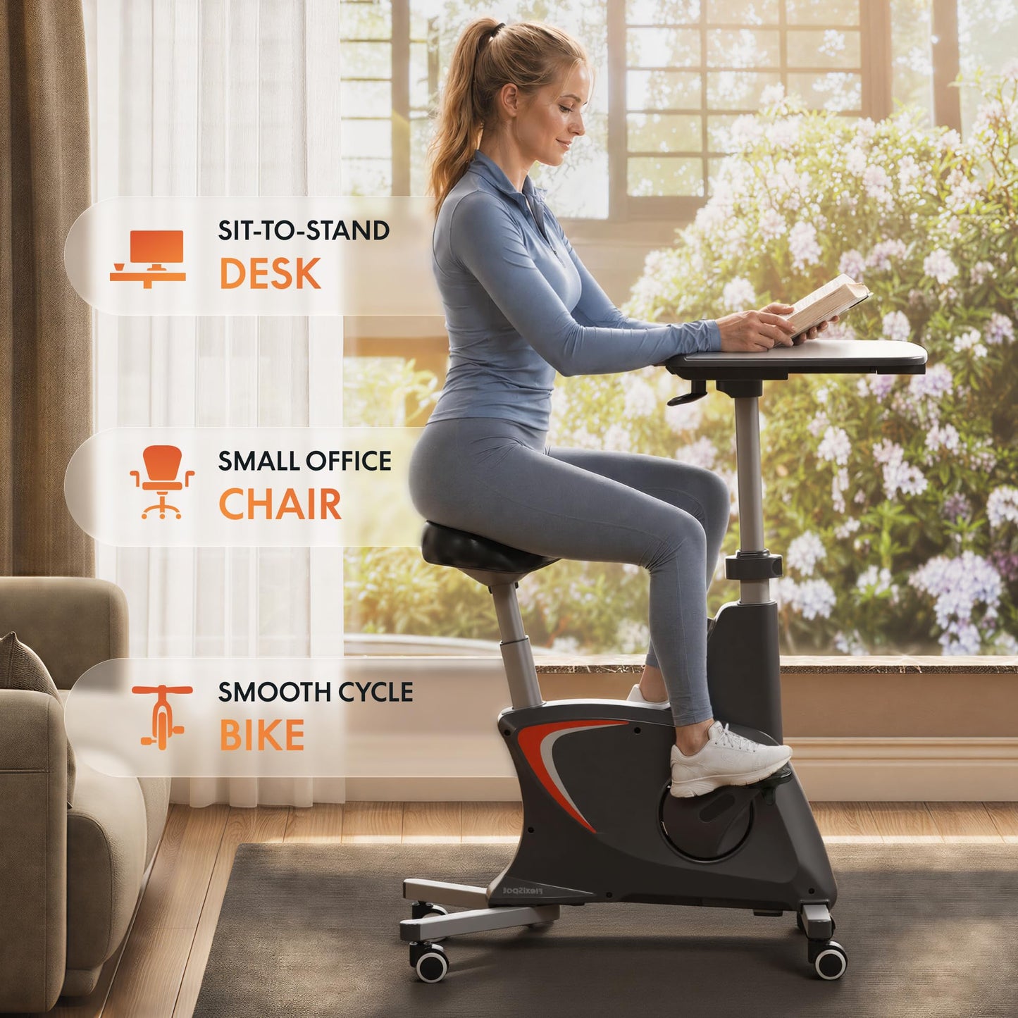 FLEXISPOT Exercise Bike with 2D Desktop, Space Saving Under Desk Bike with Removable Desk, Stationary Bikes Upright Indoor Bikes with 8 Level Magnetic Resistance Upgraded Pro Flywheel, V9 Black