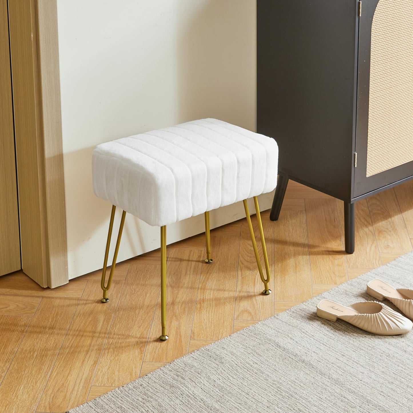 IBUYKE Velvet Rectangular Footrest Stool Ottoman, Makeup Vanity Stool Side Table, Velvet Dressing Table Seat, Pouf Couch Stool, Golden Steel Legs, White LG-51W