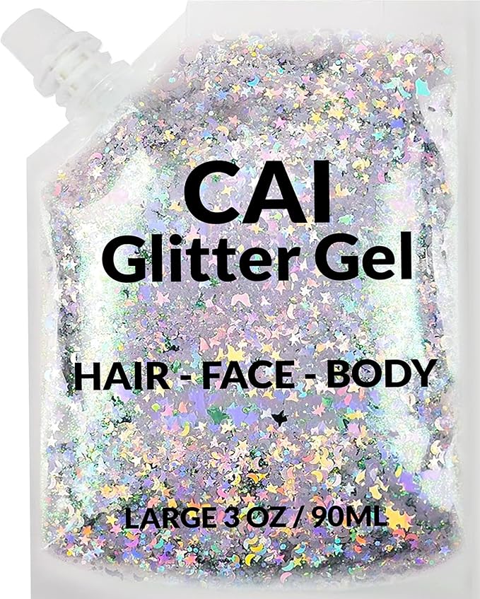 Face, Body & Hair Glitter Gel – Halloween Glitter for Kids and Women – 3 Oz Cosmetic-Grade Gel w/Moon & Stars for Festival...