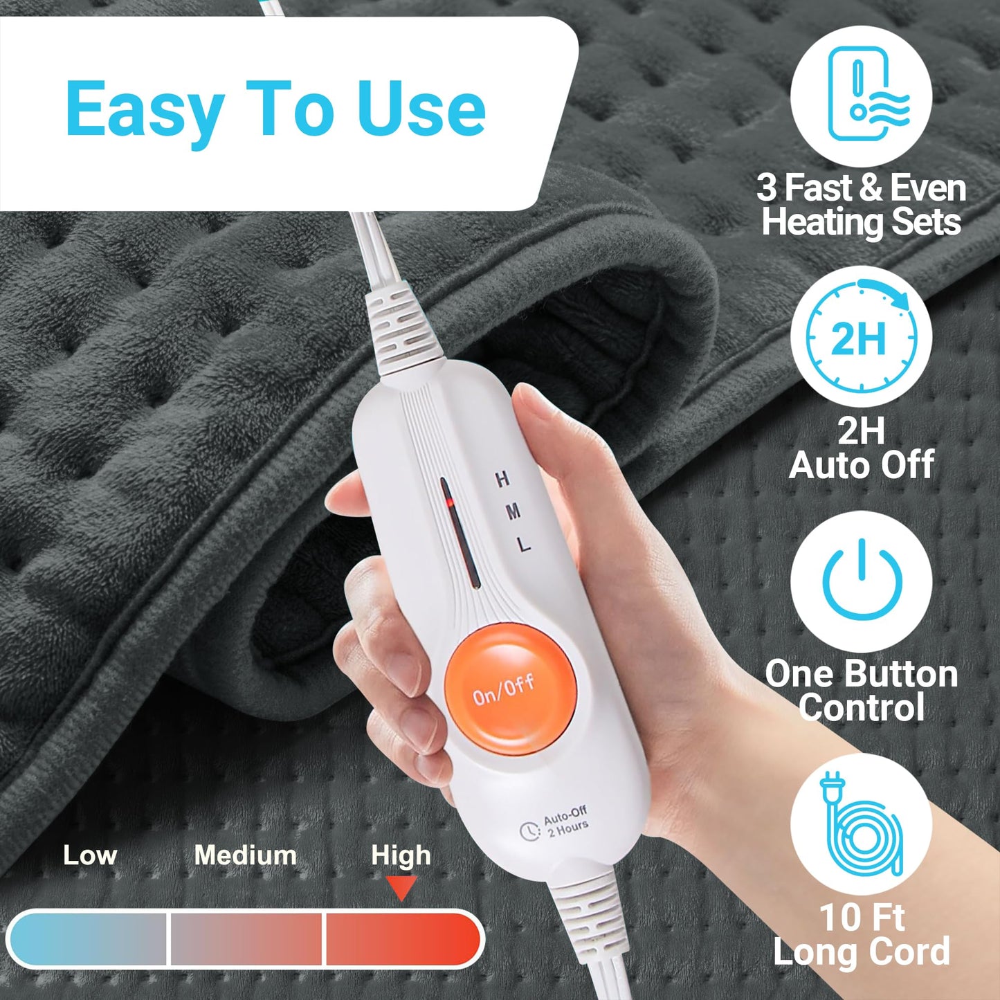 Boileau Electric Heating Pad for Back Pain and Period Cramps Relief, 17"x33" Extra Large XXXL, 3 Heating Levels Heat Pad with 2-Hour Auto Shut Off, Gifts for Women and Mom, Grey
