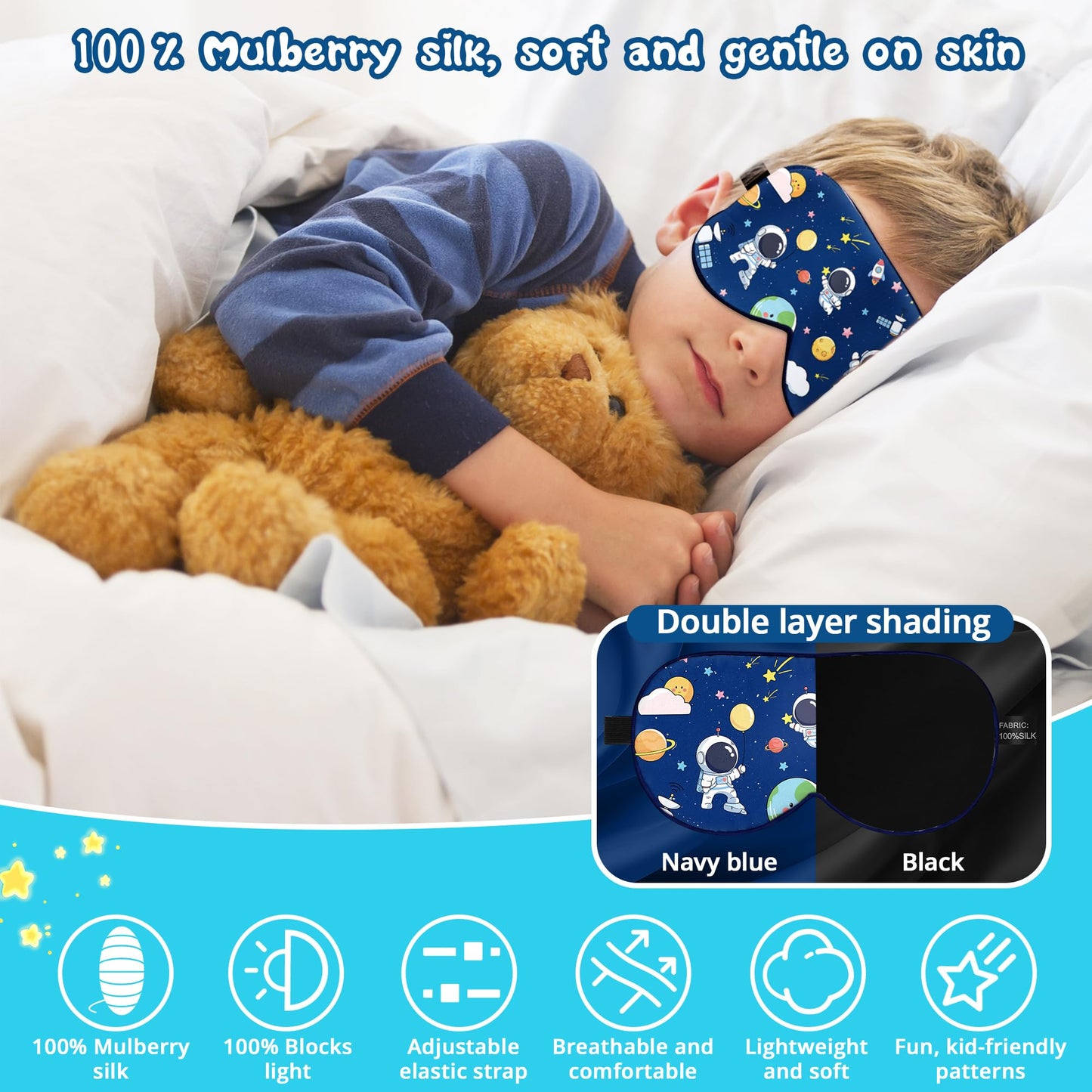 Kids Sleep Mask Eye Cover: 100% Real Natural Pure Silk Eye Mask with Adjustable Strap, Funny Blindfold Kids Eye Mask for Sleeping, Soft & Lightweight Eye Shade for Boys Girls Teens (Space Style)