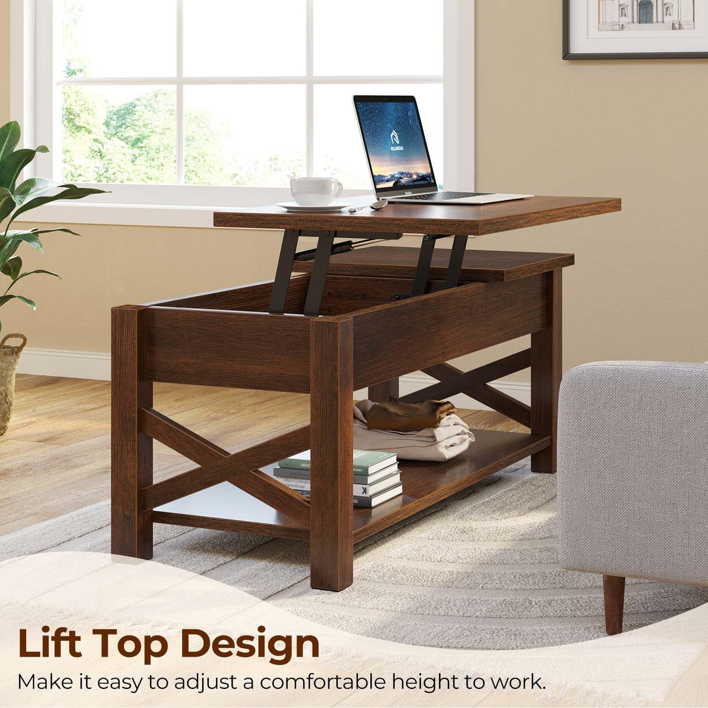 Rolanstar Coffee Table, 47.2" Lift Top with Hidden Compartment, 2 Way Lift Top Coffee Table with Open Shelf & X Wooded Support, Farmhouse Center Table for Living Room, Black