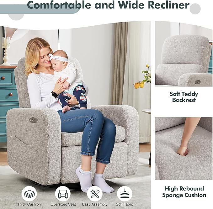 AEMEIOS Swivel Rocker Recliner, Power Recliner Glider with Removable Cushion, Oversized Upholstered Boucle Swivel Reclining Nursery Chairs for Living Room Bedroom, Teddy Grey