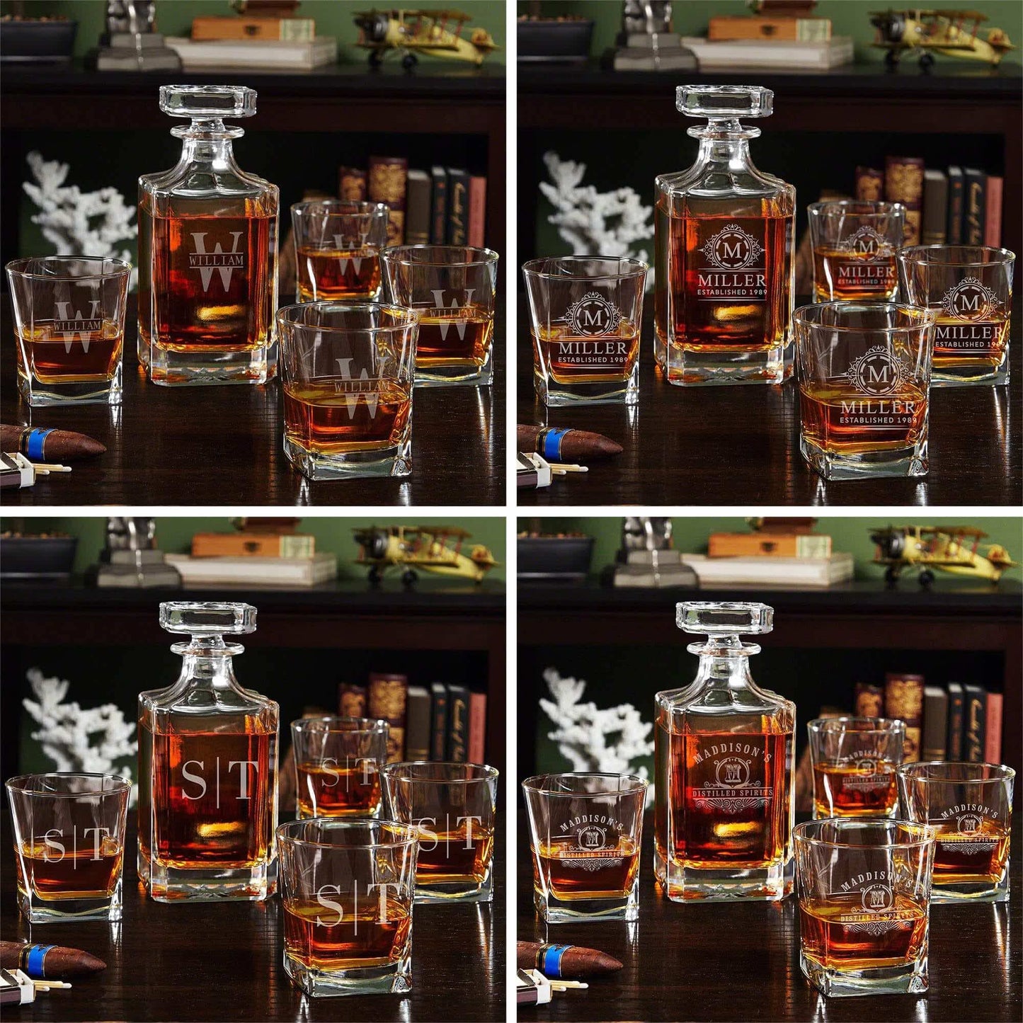 Personalized Whiskey Decanter Set with 4 Glasses and Custom Wood Box - 9 Design Options - Bourbon Glass Set