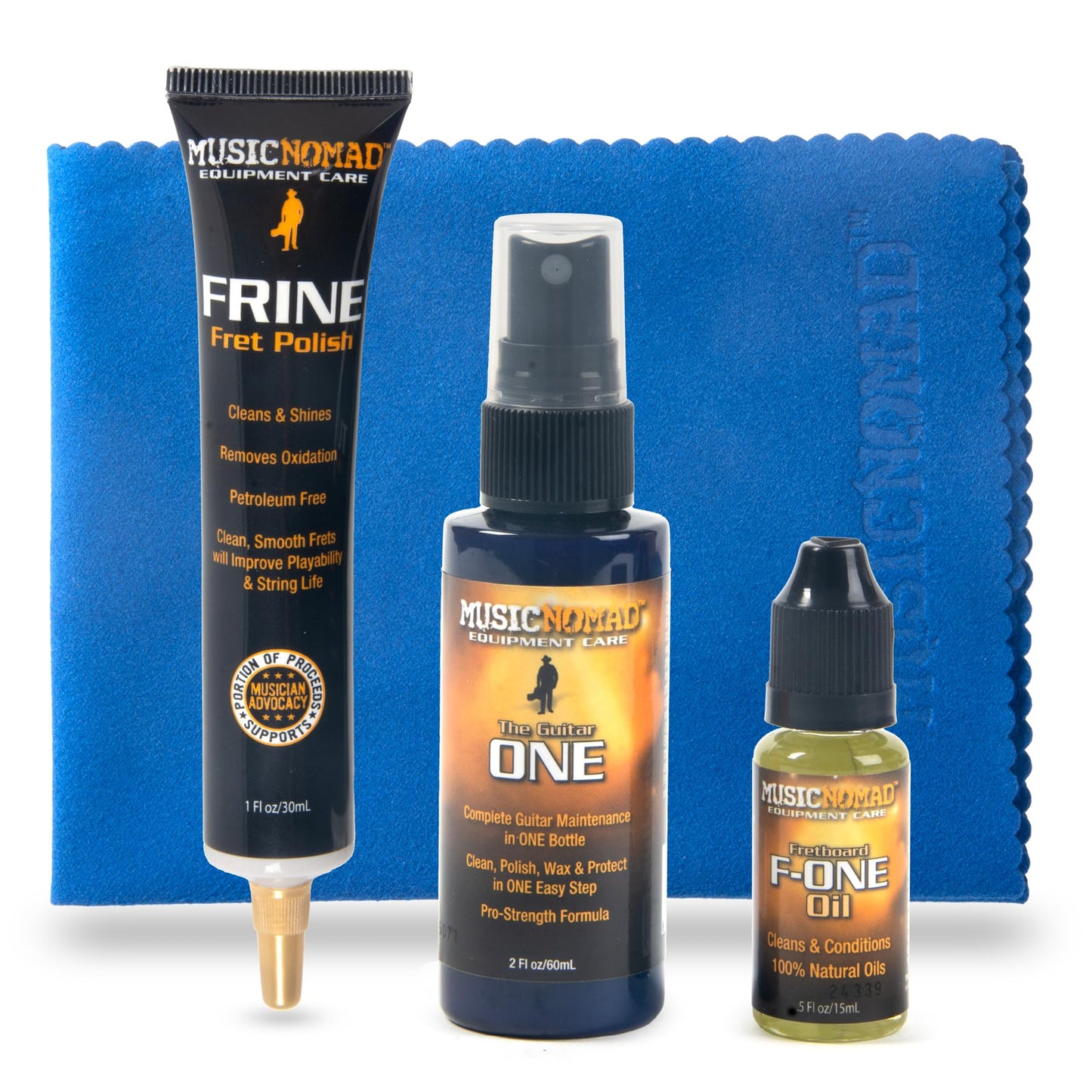 Musicnomad Guitar Cleaner, Fretboard Conditioner Oil, Fret Polish And Microfiber Cloth - 4 Pc. Guitar Care Kit