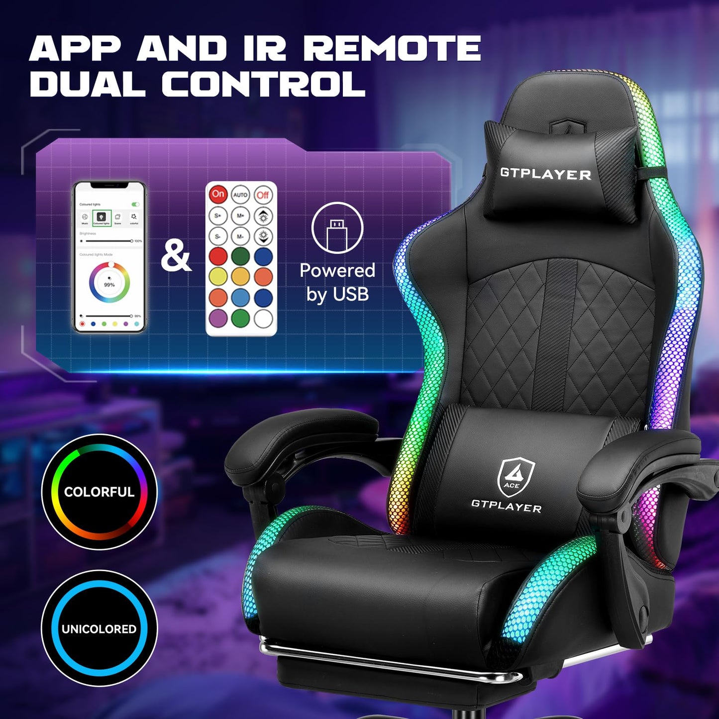 GTPLAYER RGB Gaming Chair with Speakers, Computer Gamer Chair with Footrest and LED Lights, PC Gamer Chairs for Adults, High Back Reclining Office Chairs, Linkage Armrest (Black, with Speakers)
