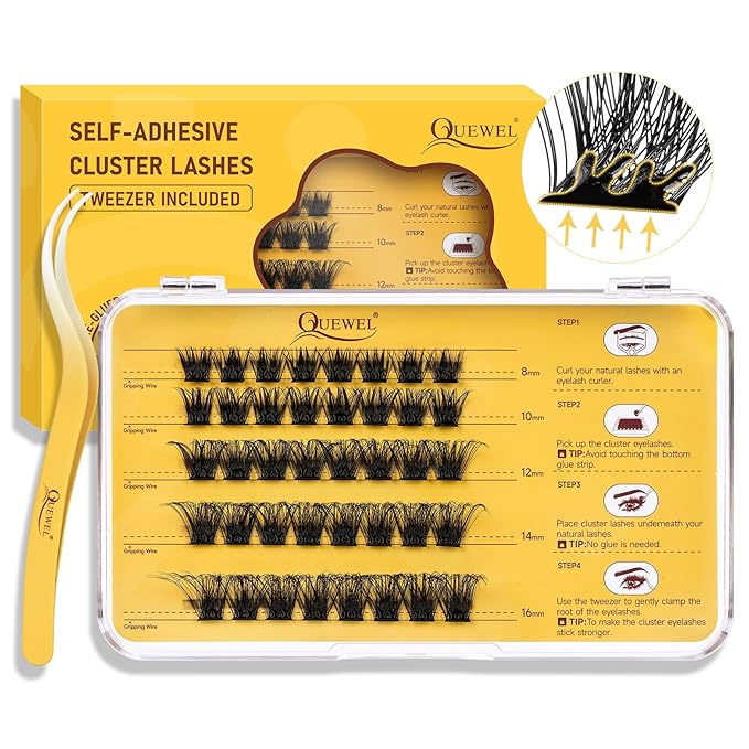 QUEWEL Self Adhesive Eyelashes Natural Look, No Glue Needed Lash Clusters with Eyelash Clusters Tweezer, 40 Pcs Reusable Lashes Self Adhesive for Beginners, DIY Lash Extensions for Home Use(ZN-02)