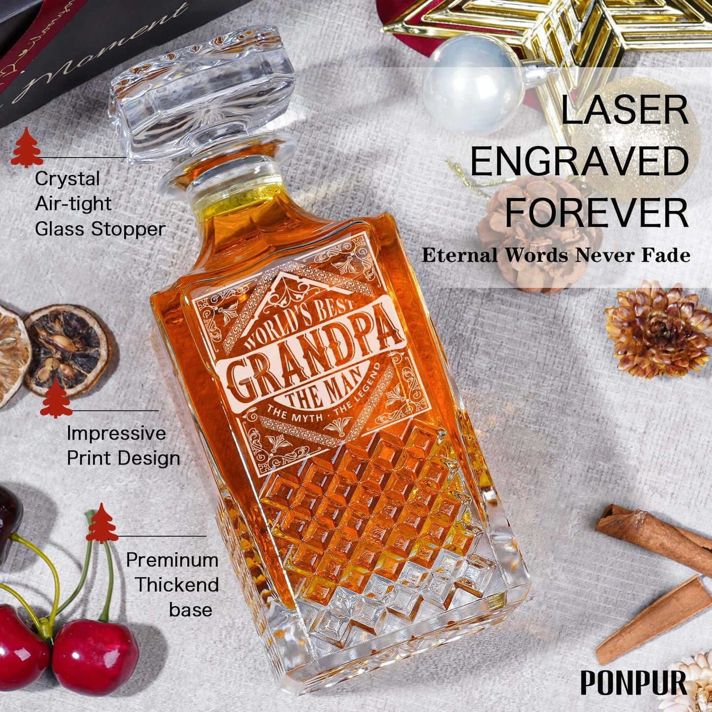 PONPUR Gifts for Grandpa Papa, Whiskey Decanter Set for Grandfather, Unique Grandpa Birthday Gift from Granddaughter Grandson, Best Christmas Retirement Presents for Whisky Scotch Bourbon Lovers