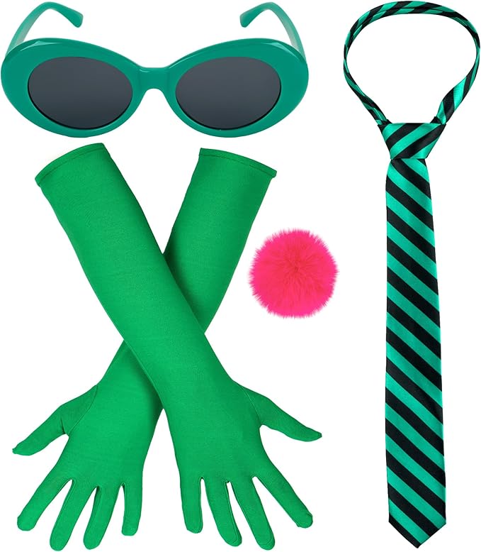 Eybila 4 Pcs Halloween Costume Accessories Stripe Tie Green Sunglasses Long Gloves Pink Pom Pom Balls Pin Cosplay Party